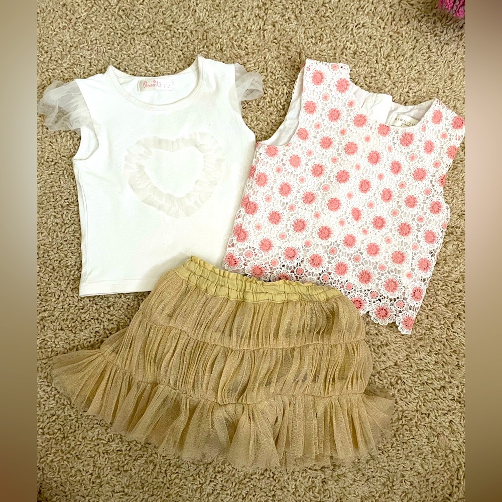 3 piece hula skirt with crochet top and frilled sleeves top size 1-2 yrs old